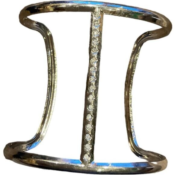 Silver Tone Rhinestone Cuff Bracelet With Open Design & Double Bar Detailing - Picture 3 of 7